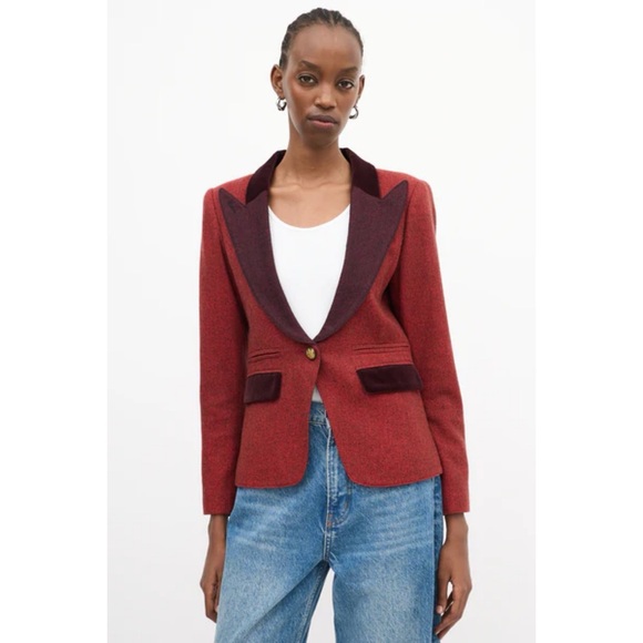 Smythe Blazer Burgundy Red Peaked Lapel Velvet Trim Size 10 Quiet Luxury - Picture 1 of 15